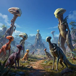 landscape image with various different alien creatures, extremely detailed digital matte painting, clear skies, night, vibrant, stunning lighting