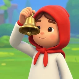 a person wearing a red hood, ringing a brass hand bell!, sims 4 screenshot, small, cute