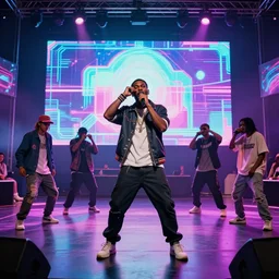 multicultural rap show with vaporwave light show, hip hop, digital art, trending on Artstation, professional artist, detailed, 4k