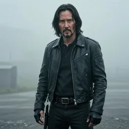 Keanu reeves in black biker gear foggy pic 4K detail