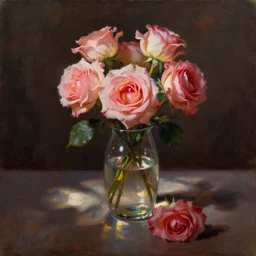 oil painting of roses in cinematic light, strong shadows, dramatic setting and very very very very beautiful masterpiece, light reflection, light refraction, transparent glass