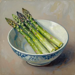 asparagus in a bowl painted in the style of the old masters, painterly, thick heavy impasto, expressive impressionist style, painted with a palette knife