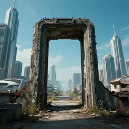 derelict portal in a middle of a futuristic cityscape, world seen only through a portal, daylight, cinematic perspective, cinematic lighting, blue sky, syd mead, john harris
