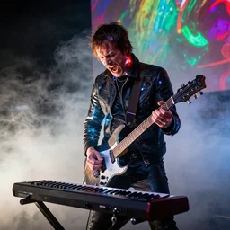 Trent Reznor screaming and smashing a guitar on a synthesizer, smoke, colored projections, ultrafine detail, cybersuit, glowing thing wires, smoke, high contrast, projections, associated press photo, masterpiece