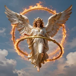 biblically accurate angel, many eyes, four wings, hyperrealistic render, hdr, be not afraid, sky, clouds, rings of fire, brass, spinning rings