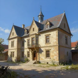 portrait of a georgian manor house on a street, courtyard, highly detailed, architecture, blue sky, cinematic lighting, godrays, volumetric, digital art painting by greg rutkowski