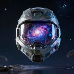 cyberpunk halo helmet nebula visor floating in space with reflections, epic, dramatic, photorealistic, award winning, 8k,