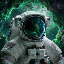 extreme close up astronaut portrait, green [ [ [ crystal ] ] ] caves, amethyst, beautiful dynamic lighting, nebula sky, cinematic, wide angle establishing shot, extremely high detail, photo realistic, cinematic lighting, matte painting, interstellar, greg rutkowski, roger deakins