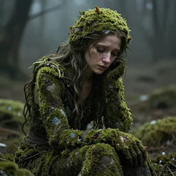 Singular 65 year-old Gaia goddess covered in moss, crying softly and humbly, in desolate land, highly-detailed, elegant, dramatic lighting, artstation, 4k
