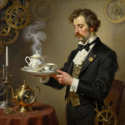 a clockwork butler holding a plate of tea cups, steam punk, painting.