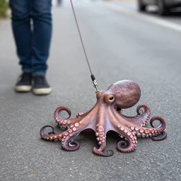 taking my pet octopus for a walk with a leash down the street