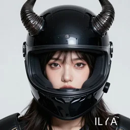 portrait of a girl with evil horns wearing black helmet | | fine detail!! anime!! realistic shaded lighting!! poster by ilya kuvshinov katsuhiro otomo ghost - in - the - shell, magali villeneuve, artgerm, jeremy lipkin and michael garmash and rob rey