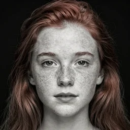black & white portrait of a red-haired girl with freckles, high quality, high detailed, 35mm lens, black background