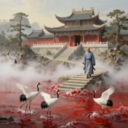 a gorgeous landscape painting by barlowe wayne maxfield parrish and marco mazzoni. chinese temple. a lonely chinese monk in grey blue long gown walks on the winding steps. three red crowned cranes splashing in the water!! ultra clear detailed. 3 d, octane render. turbulent blood lake. fog