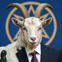 detailed portrait of vladimir putin in the form of a goat with a pentagram on the background