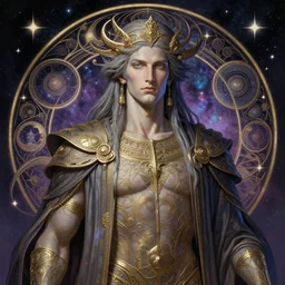 hyperdetailed portrait of a male cosmic god. by greg rutkowski, highly detailed, digital painting, artstation, smooth, sharp focus illustration, artstation hq. intricate, elegant. art by wlop and artgerm and greg rutkowski, alphonse mucha, medium shot. dan mumford, tomokazu matsuyama, takato yamamoto