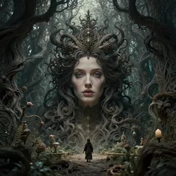 cinestill 5 0 d depht of field of a beautiful woman by roversi, from a dream in a fantasy garden in a dark twisted forest, intricate details, epic scale, insanely complex, 8 k, sharp focus, hyperrealism, pale tonal matt, head in focus, caspar friedrich, greg rutowski, james gurney