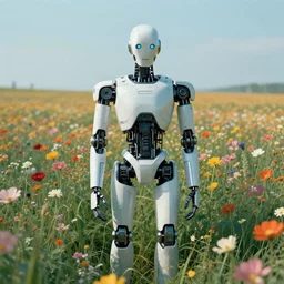 a cyberpunk robot in a field of flowers by simon stalenhag