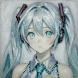 A delicate,soft and highly detailed painting of Hatsune Miku with sparkly anime eyes, chiaroscuro, masterpiece painted by Claude monet, post-impressionism, thick impasto technique, paint-on-glass painting, pastel oil inks, very ethereal, vantablack chiaroscuro, paint-on-glass painting, oil inks, very ethereal, silver light, nacre colors