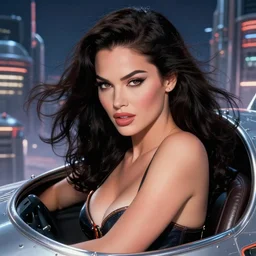 closeup beautiful retro space megan fox varga girl, posing on a chrome space ship in diesel punk city, windblown dark hair, retro pinup, seductive, 1 9 4 0, hyper detailed, digital art, smooth, sharp focus,