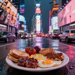 a full english breakfast sits on a plate in the road, times square, night time, raining, neon light, romantic, ultra realistic, unreal engine, 4k, artstation