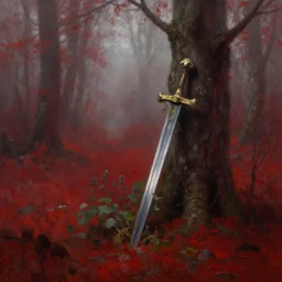 overgrown sword leaning against a tree, foggy forest, crimson, eerie, oil painting, by greg rutkowski