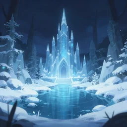 winter water garden in the elven ice palace. award - winning 3 d anime by an indie studio, heavily stylized, rimlighting, depth of field, limited palette, impressionism, chiaroscuro, minimalism, bokeh.