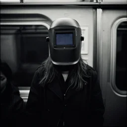 portrait, girl in welding masks in subway, ominous lighting, by richard avedon, tri - x pan stock