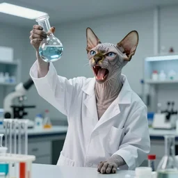 a photorealistic sphynx cat mad scientist in a lab coat lifting beakers and cackling maniacally in his laboratory