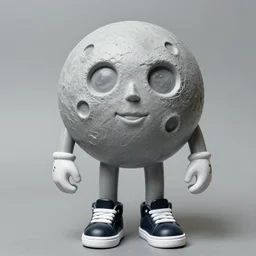 photo of vinyl plastic painted toy grey moon face with craters with hands standing on legs wearing sneakers