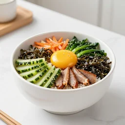 realistic photo of delicious bimbimbap, bowl, white kitchen table, marble, highly detailed, by louise lister, sara ali, mary devinat, kailee mandel, masterpiece, award winning, food photography