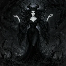 style of arthur rackham, artgerm : : gorgeous willa holland : : evil witch, swirling black magic, black dress : : symmetrical face, symmetrical eyes : : full body pose : : gorgeous black hair : : magic lighting, low spacial lighting : :
