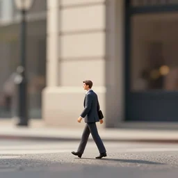 a tiny man walking in the street wearing a suit, digital art, photo