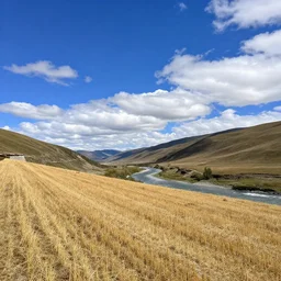 field of hay, slopes down away from viewpoint, a river of water in valley, fluffy clouds dot a deep blue sky