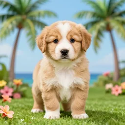 portrait of an adorable hawaiian puppy, palm trees, flowers by anne stokes