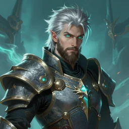 an epic fantastic realism comic book style portrait painting of an aasimar paladin, male, silver hair, short brown beard, glowing eyes, d & d concept art, regal, unreal 5, daz, teal aesthetic, octane render, cosplay, rpg portrait, dynamic lighting