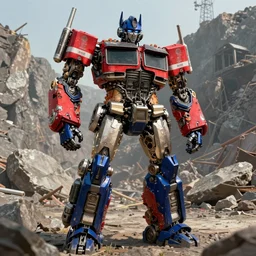 exciting character portrait of optimus prime from transformers in robot mode standing in a rock quarry, daytime, digital painting, robot made of truck parts, concept art, industrial light and magic, industrial light & magic, ilm, substance painter, octane render, 8 k, painted texture maps, michael bay transformers, trending on artstation, realistically proportioned body