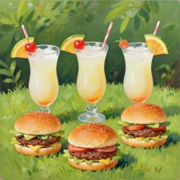 painting of three pina coladas in hurricane glasses ands 3 home made hamburgers in a garden, mountains in background, golden hour, cinematic lighting, in the style of van gogh and claude monet