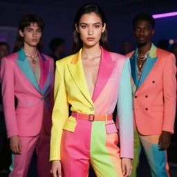 realistic photoshooting for trouser suit for a rave, bright colors, vhs colour photography, fashion photography, vogue, smooth skin, perfect face, 8 0 mm lens, 1. 2 aperture, cinematic light, agency model img models