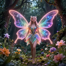 fairy princess, galaxy wings, woodland grove, neon wings beautiful colorful pretty artistic 4 k artstation trending dramatic lighting realistic floral garden blooming flowers