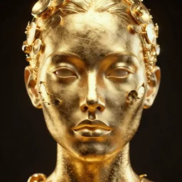 human face made from gold ornaments, portrait, studio lightning, octane render, volumetric lighting, art by billelis, hyper detailed