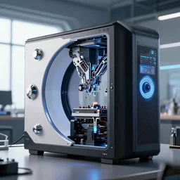 a beautiful elegant computer case cybernetic symbiosis hybrid mri 3 d printer machine making a bio chemical lab, shiny knobs, amazing, fantastic, natural light in room, drone camera lens orbs, global illumination, octane render, architectural, by cyberpunk 2 0 7 7, blade runner 2 0 4 9, f 3 2,