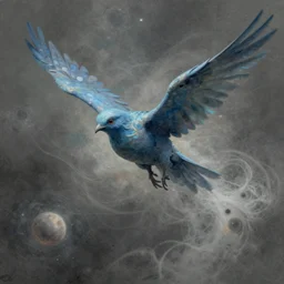 a shapeless extraterrestrial blue avians made of space and time, weaving dust of predetermination and a state of utter confusion across the universe, muted colors, fantasy illustration, digital art