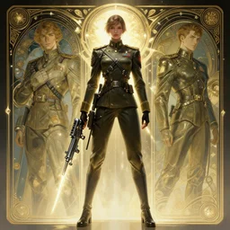 a digital concept ar by artgerm and greg rutkowski and alphonse mucha. full body!! t pose!! clear portrait of a lonely attractive people in uniform!! future military, sci - fi weapon, light effect. hyper detailed, character concept, glowing lights!! intricate, elegant, digital painting, artstation, smooth, sharp focus