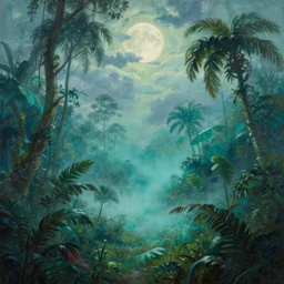 frazetta jungle with cyan mist  on extremely detailed textured frazetta oil painting panorama dramatic clouds and moon