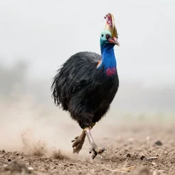 fierce cassowary running towards the camera, leaving behind a trail of dust, murder in his eyes, trending on artstation, digital art, award winning