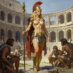 A mixed media painting of a beautiful blonde warrior goddess in a coliseum, spartan, very aesthetic, curvy, detailed face and eyes, by Frank Frazetta, Boris Vallejo, Greg Rutkowski, Beeple, Yoko Taro, Christian MacNevin, epic fantasy character art, roman numerals, high fantasy, CGsociety, full length, exquisite detail, post-processing, masterpiece, cinematic, coliseum backdrop