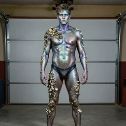 a man painted with iridescent bodypaint standing in his garage, he is covered with barnacles