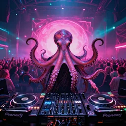award winning low angle portrait of an octopus! as a dj with tentacles! simultaneously placed turntables cdjs and knobs of a pioneer dj mixer. nt of a large crowd, at a psytrance rave, fuchsia and cyan lighting, 8 k detail, volumetric lighting, wide angle, cinematic lighting, digital concept art by wlop, artgerm, james gurney