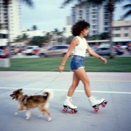 girl roller skating while walking her dog in miami beach 1 9 8 2 candid kodachrome photo motion blur